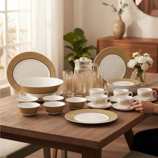 Luminarc Celebration 46 Piece Dinner Set Gold & White