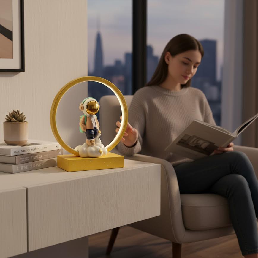Astronaut Figurine Desk Lamp With Base - Yellow