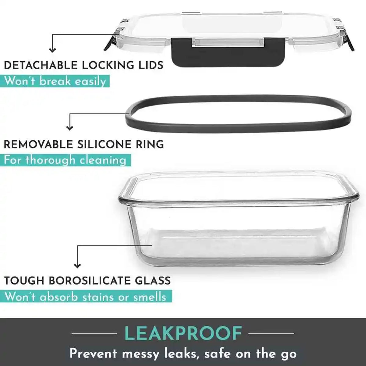 Aqua 370ml Rectangular Glass Container with Grey Lid
