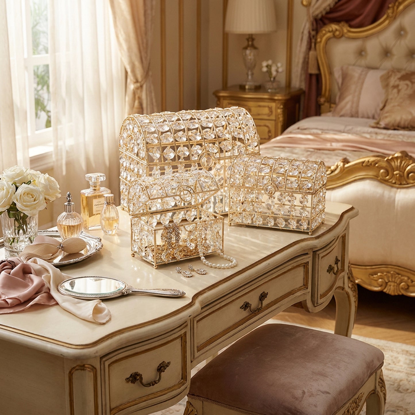3 Piece Mirror Jewellery Box Set Gold