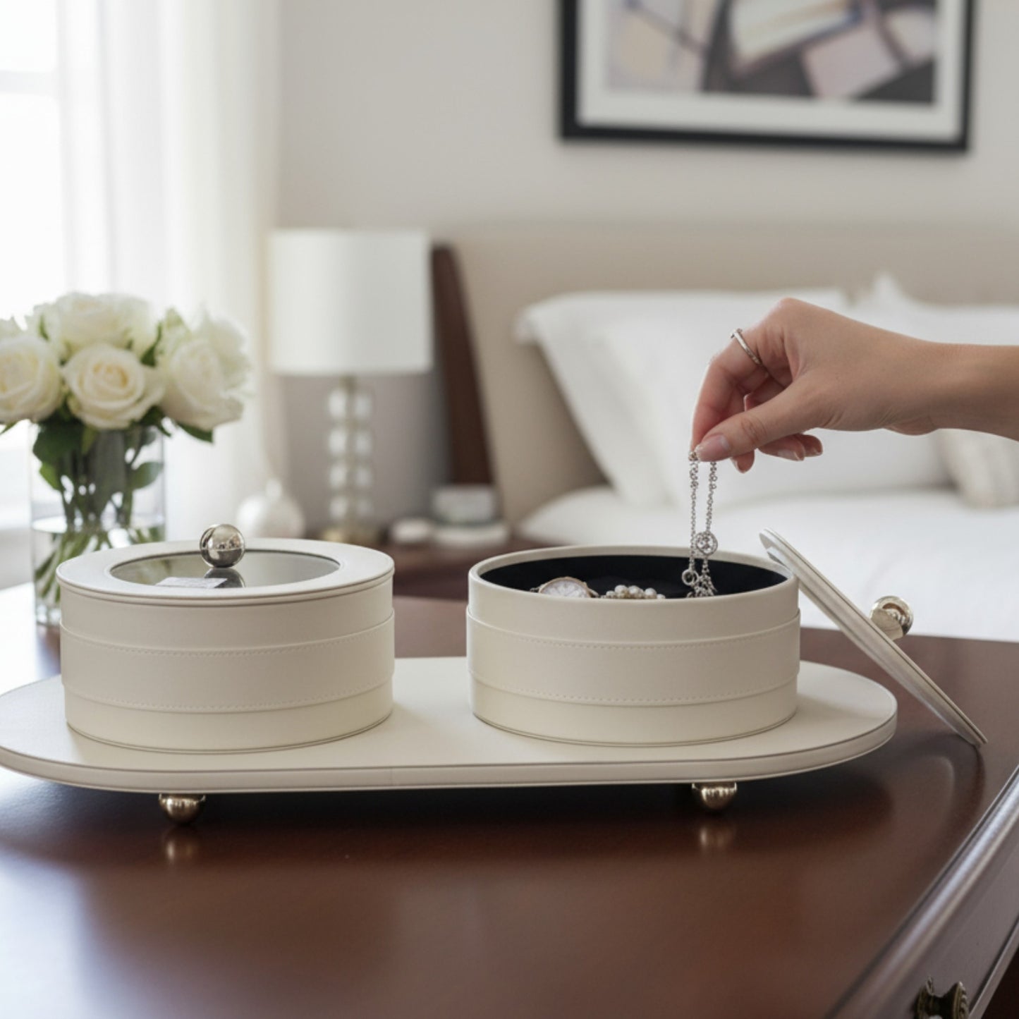 3 Piece Leather Trinket Box Set Cream