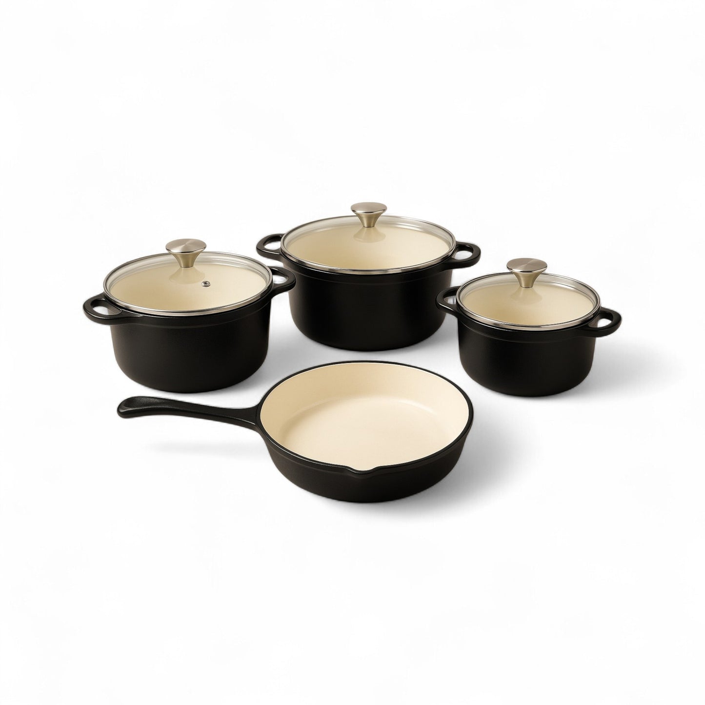 CH 7 Piece Cast Iron Pot Set with Glass Lids Matt Black