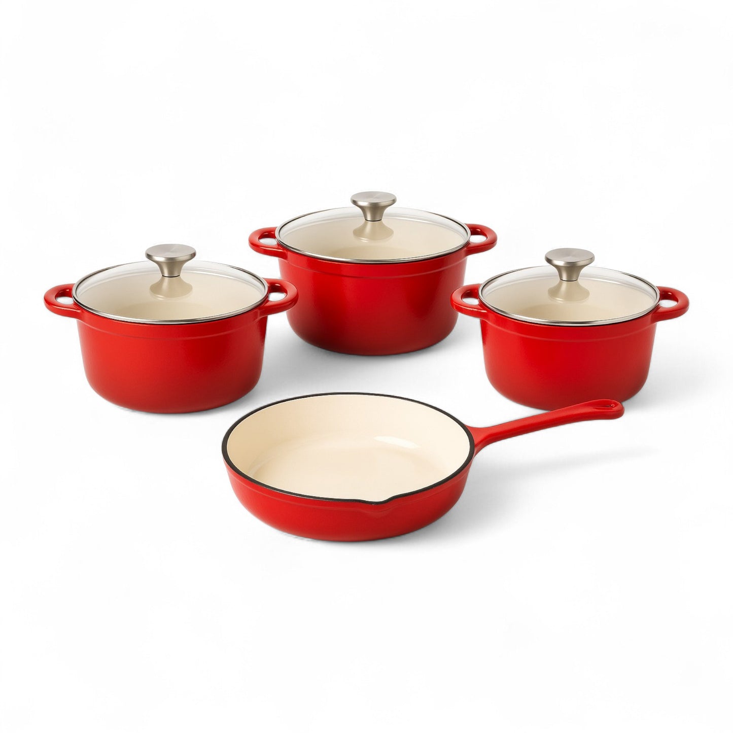 CH 7 Piece Cast Iron Pot Set with Glass Lids Red