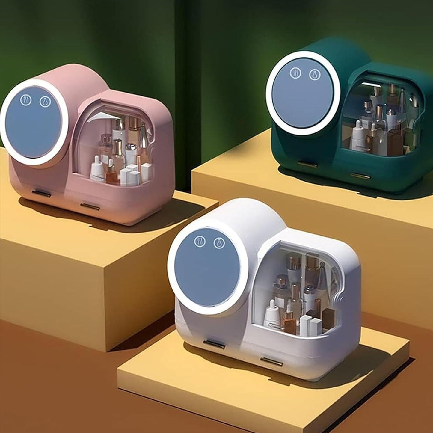 Antalya Cosmetics Storage Organizer Large with LED Lighted Mirror Green