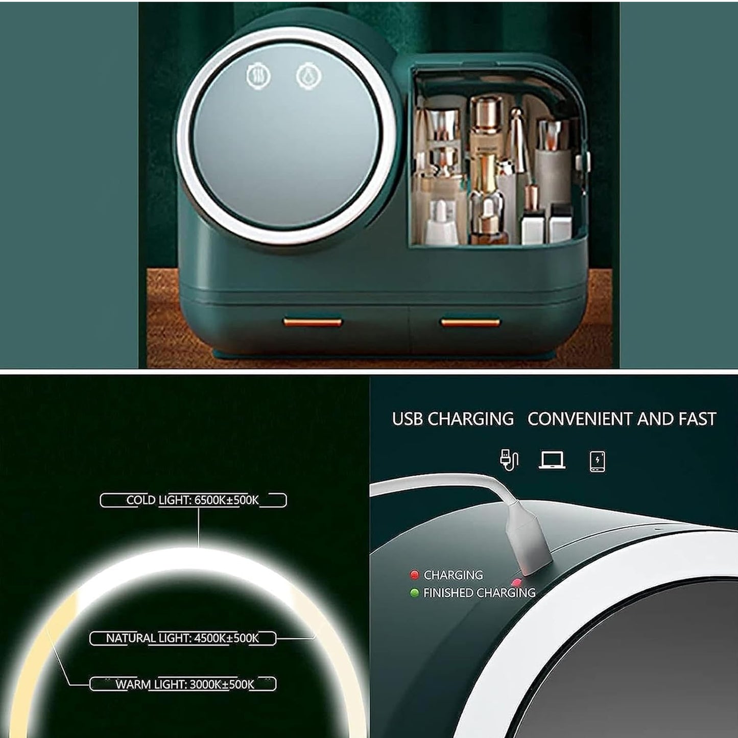Antalya Cosmetics Storage Organizer Large with LED Lighted Mirror Green
