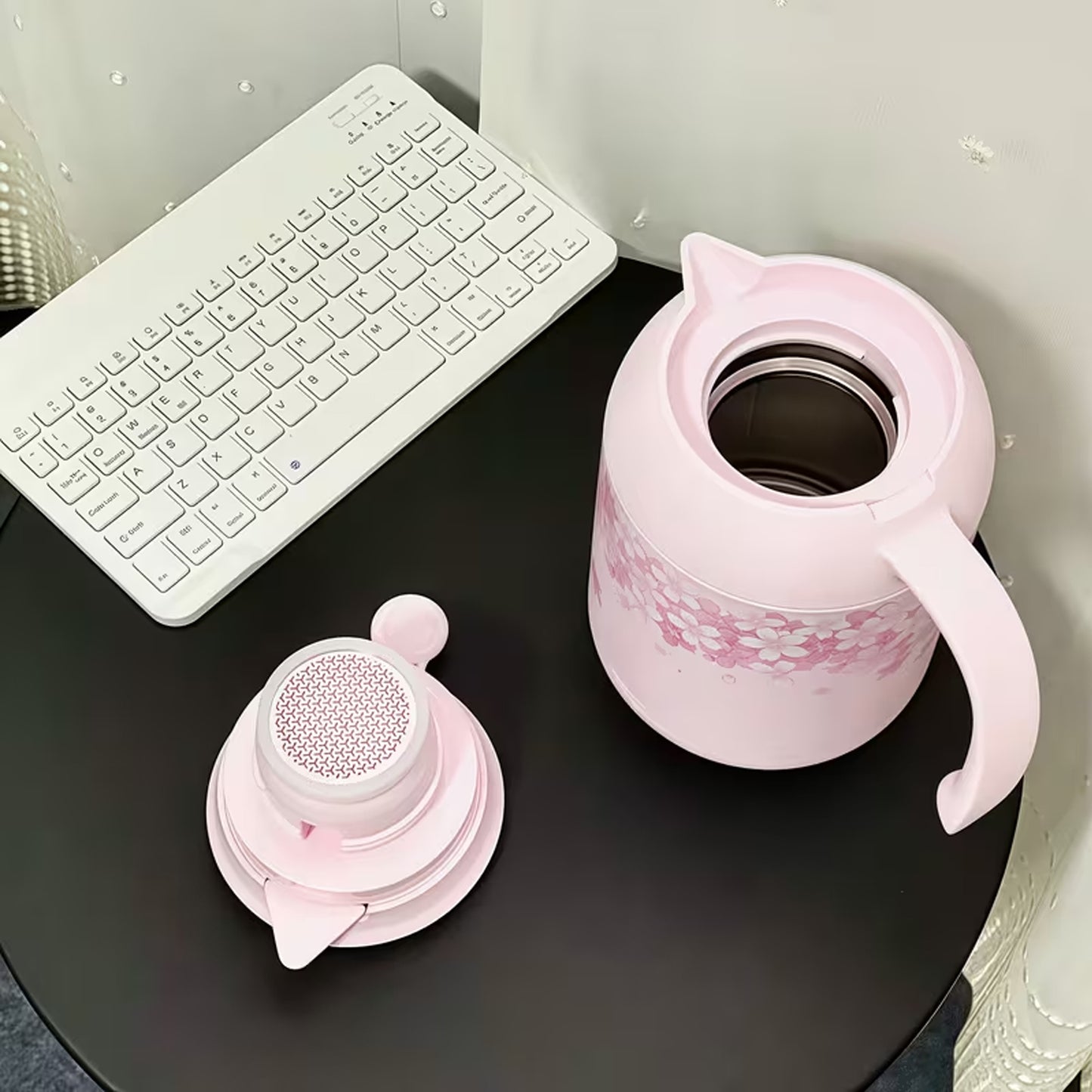 1.2Lt 5D Floral Print Kettle Design Flask Pink