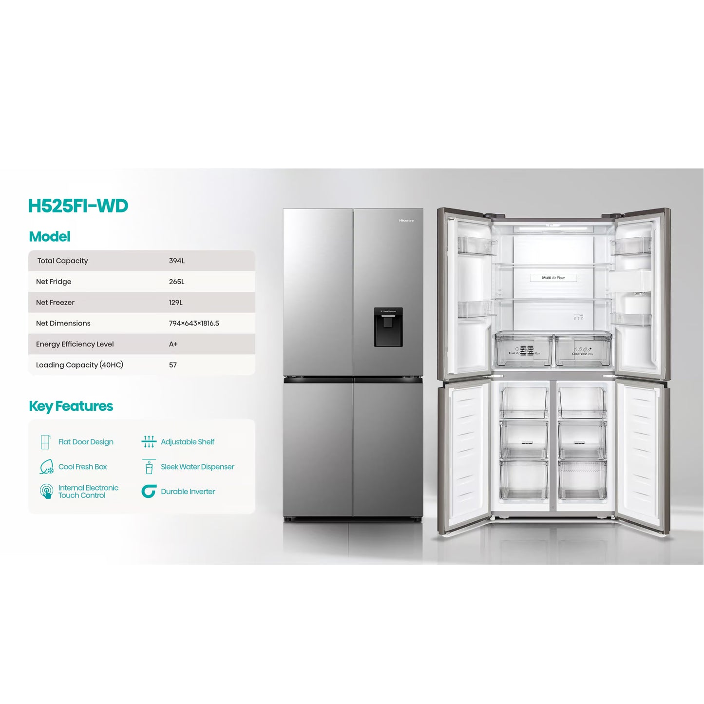 Hisense 392Lt Cross Door Refrigerator Stainless Steel