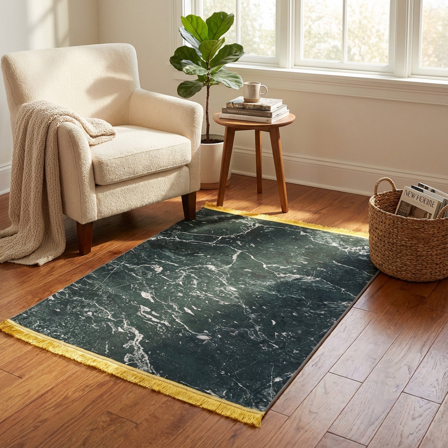 1.5 x 2m 3D Carpet with Marble Design Green & Gold