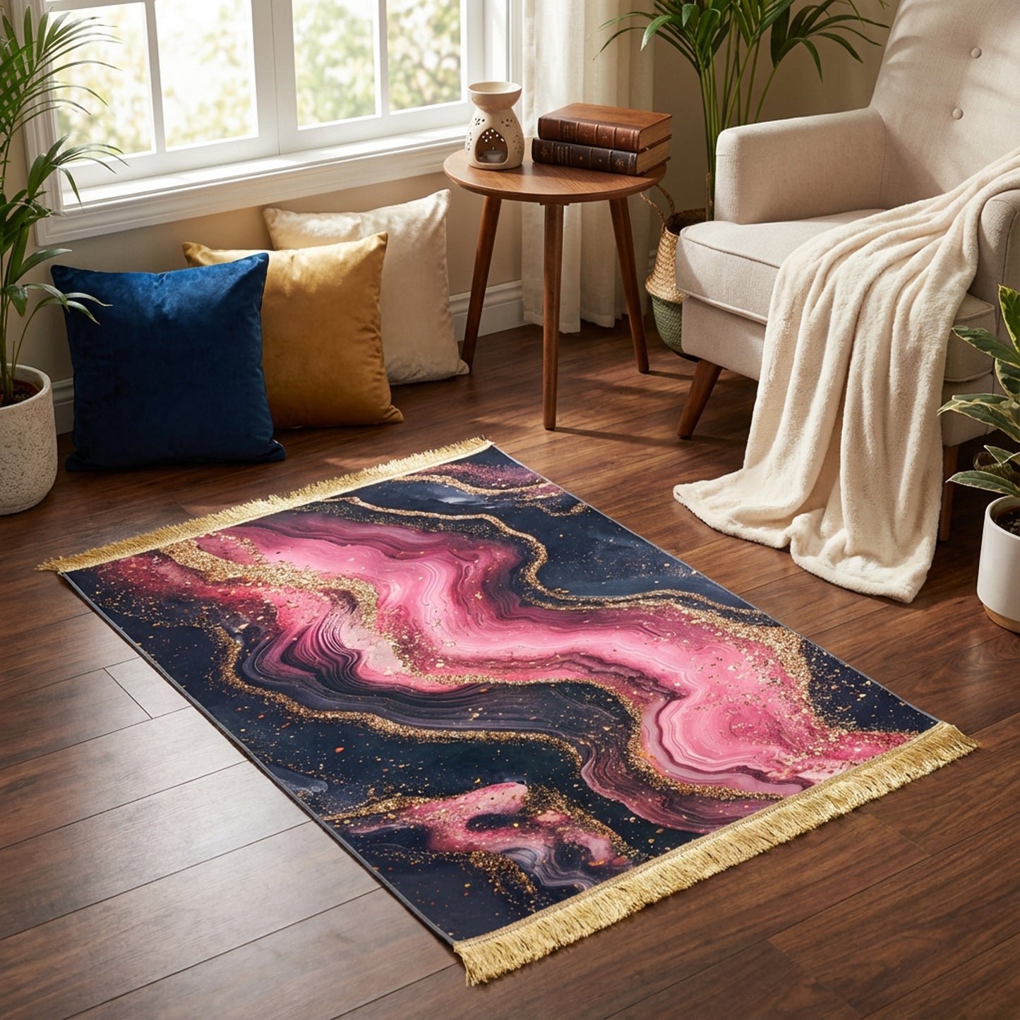 1.5 x 2m 3D Marble Design Carpet Pink & Gold