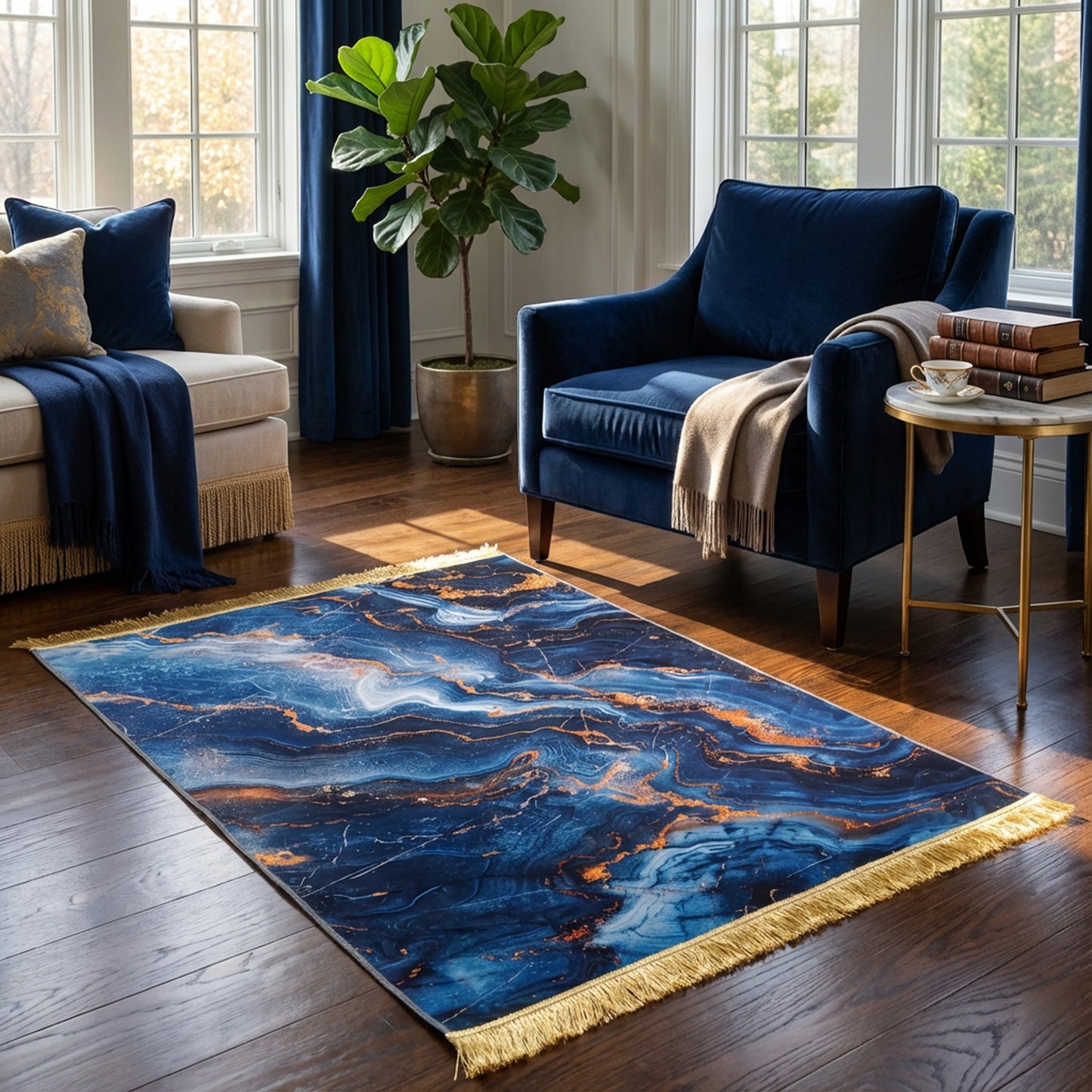 1.5 x 2m 3D Marble Design Carpet Blue & Gold