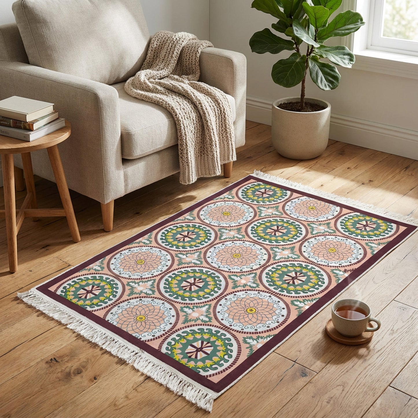 1 x 1.5m Patterned Carpet with Medallion Design Multicoloured