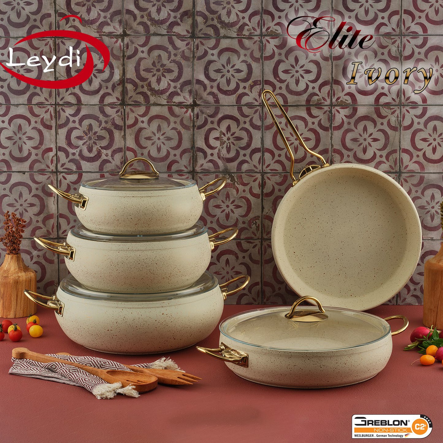 Leydi Elite 9 Piece Cookware Set Ivory