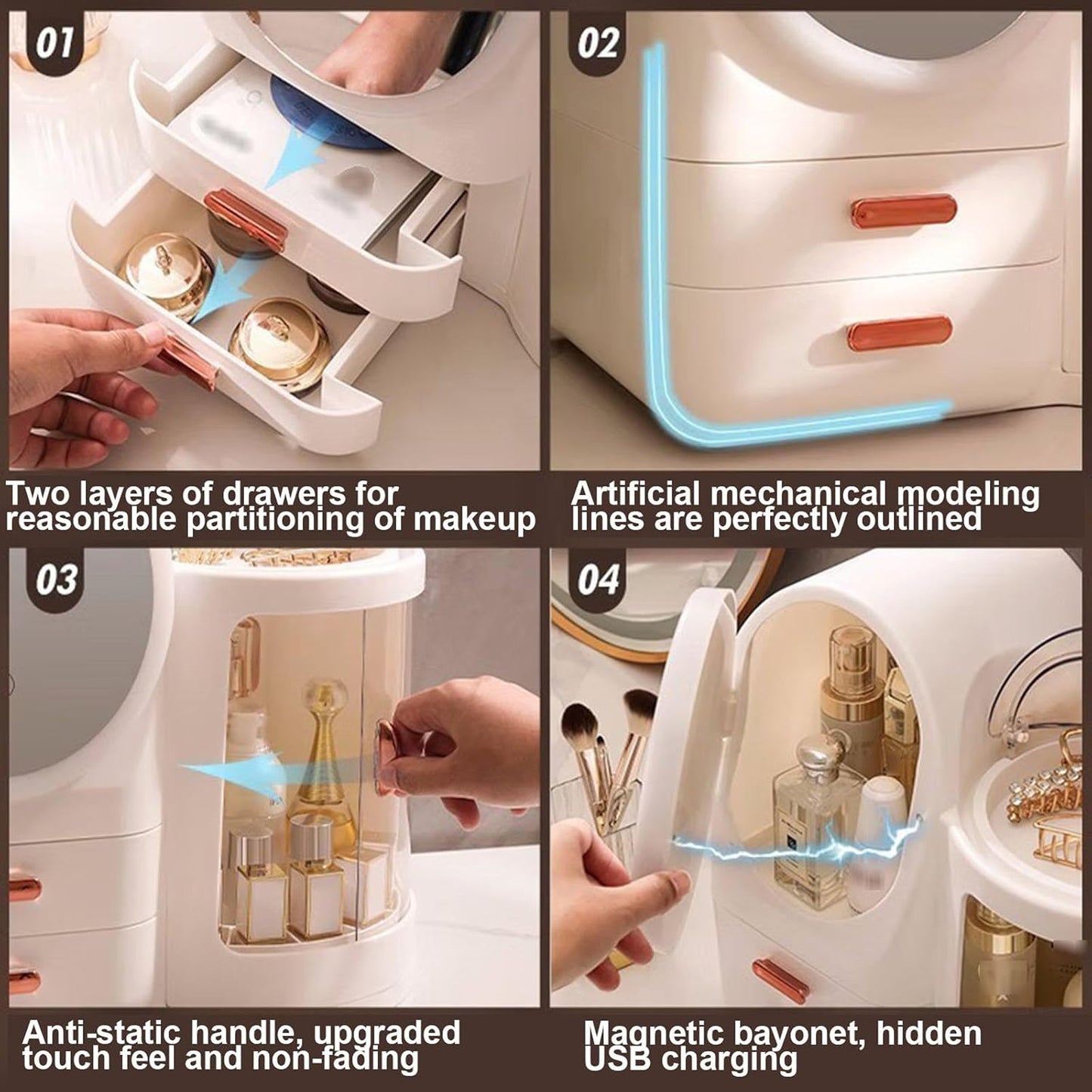 Antalya Cosmetics Storage Organizer with LED Lighted Mirror White