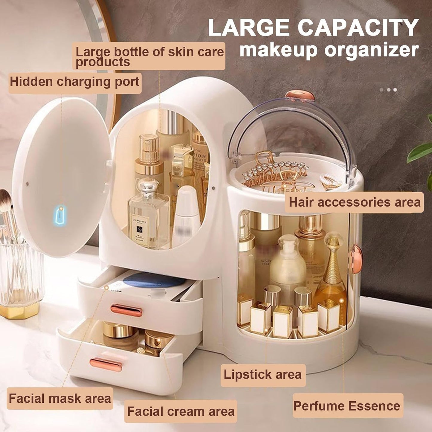 Antalya Cosmetics Storage Organizer with LED Lighted Mirror White