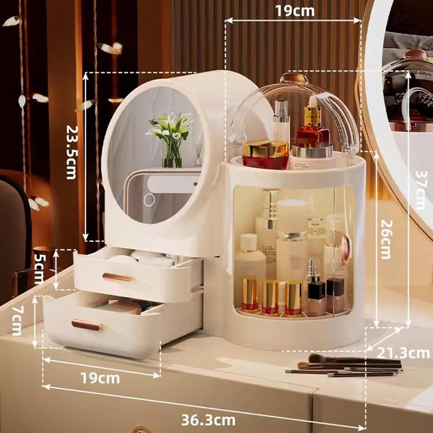 Antalya Cosmetics Storage Organizer with LED Lighted Mirror White
