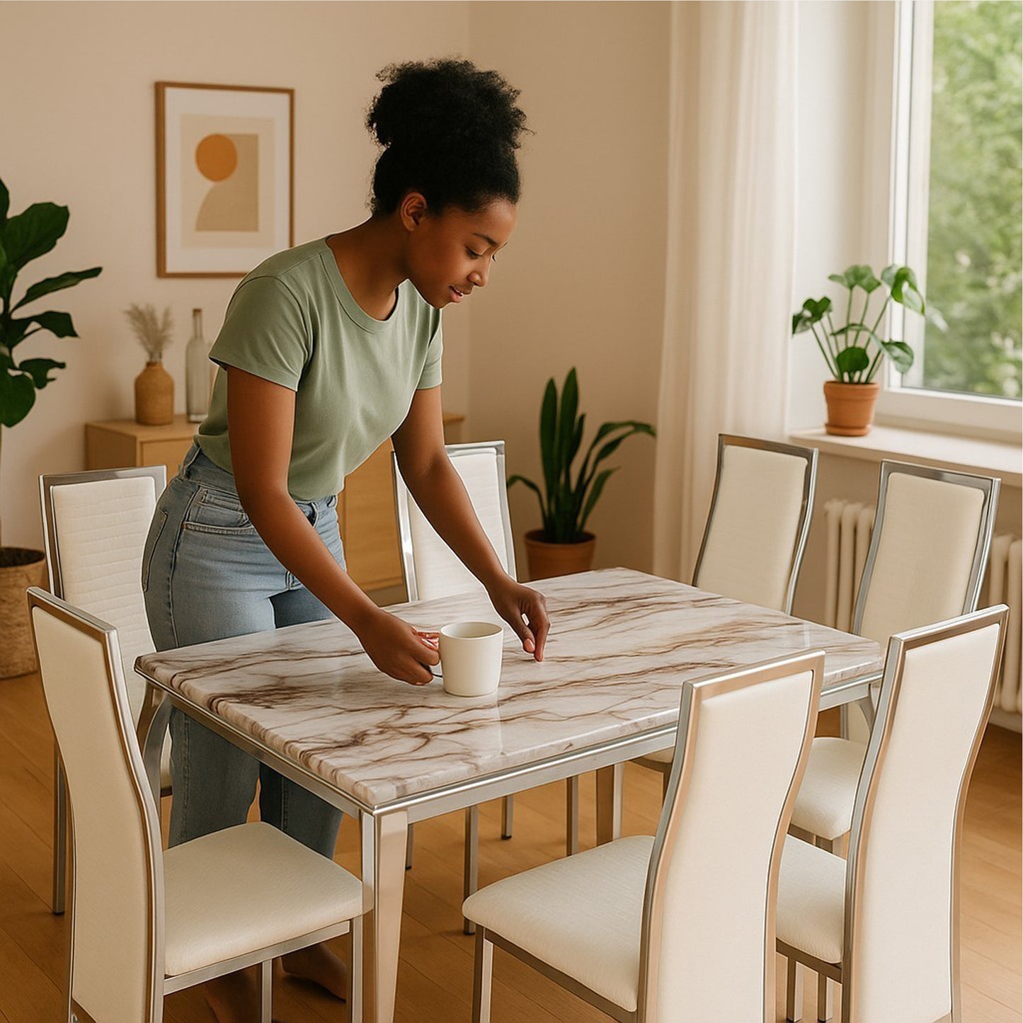 Exotic Designs Marble Dining Set 1+6 Cream