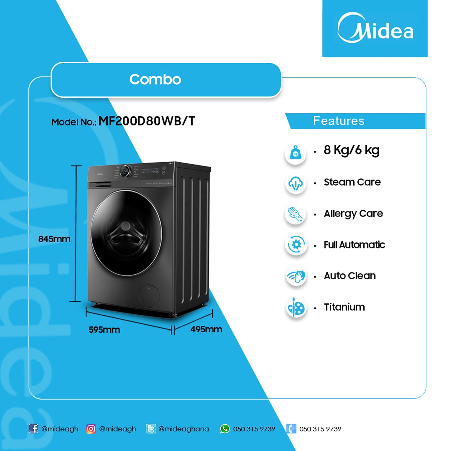 Midea 8/6kg Inverter Heat Pump Washer Tumble Dryer Titanium