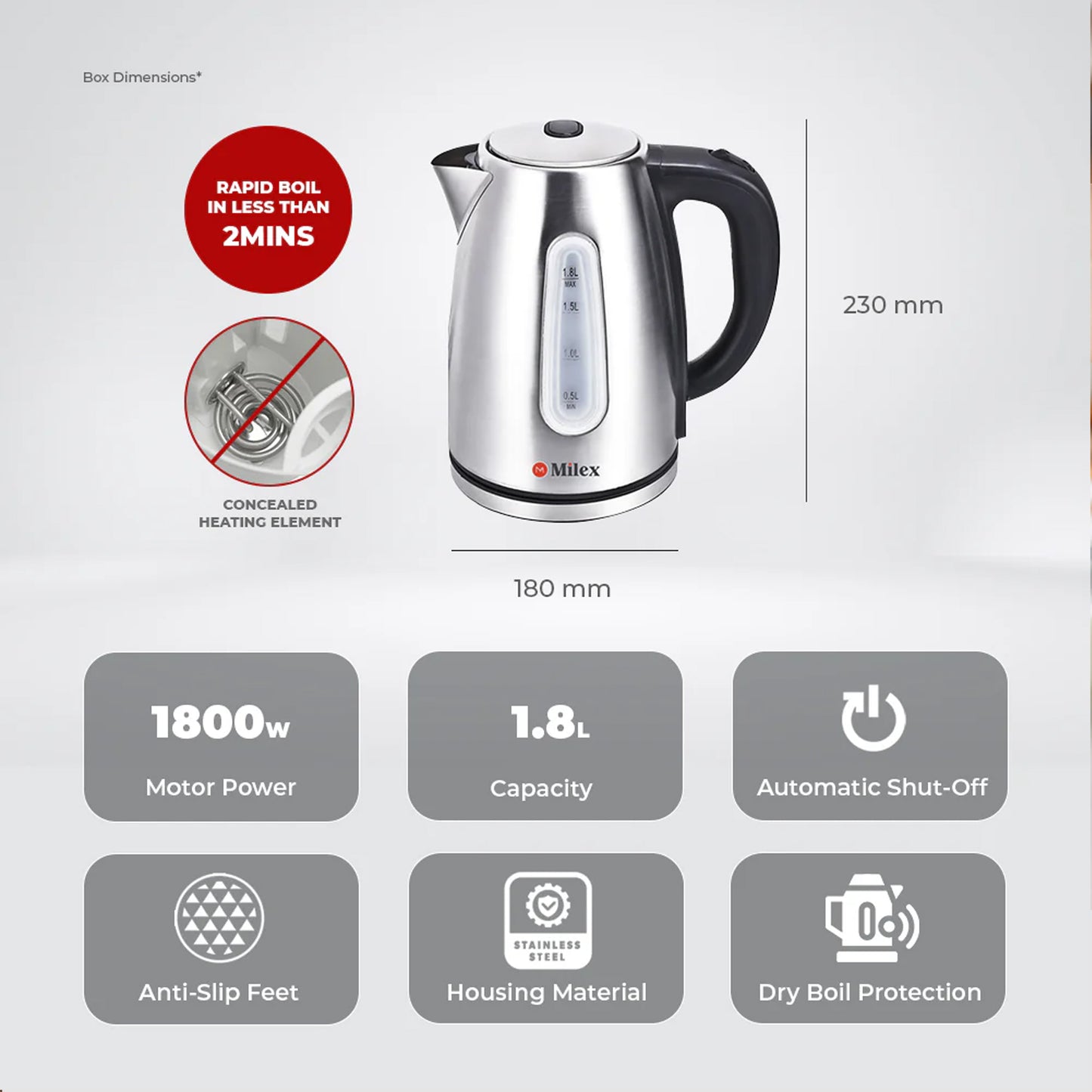 Milex 1.8Lt Electrical Kettle Stainless Steel
