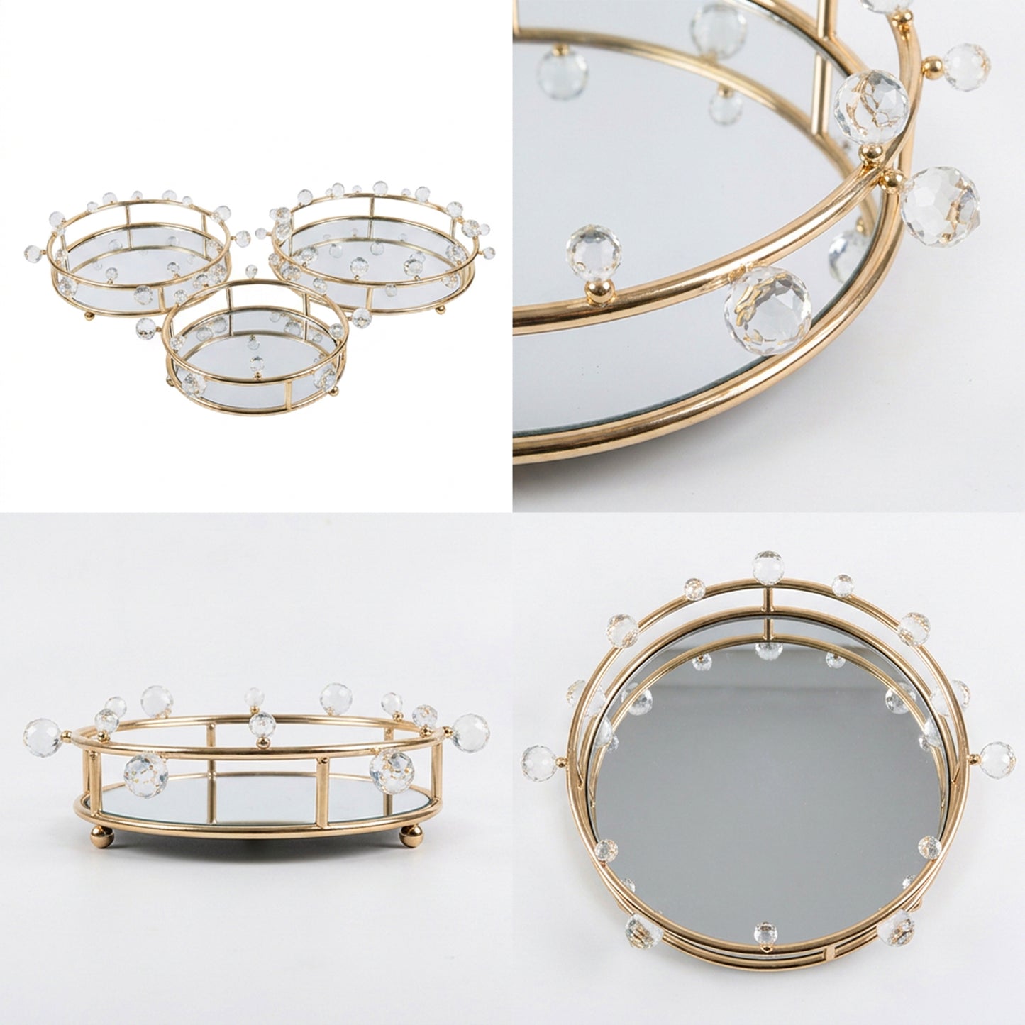 3 Piece Mirror Tray Set Gold