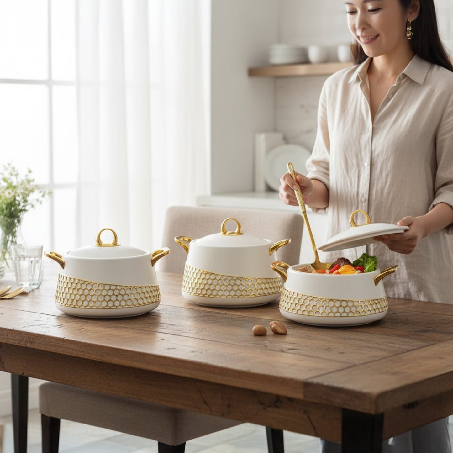 Kitchen Life 3 Piece Stainless Steel Hot Pot Set White & Gold