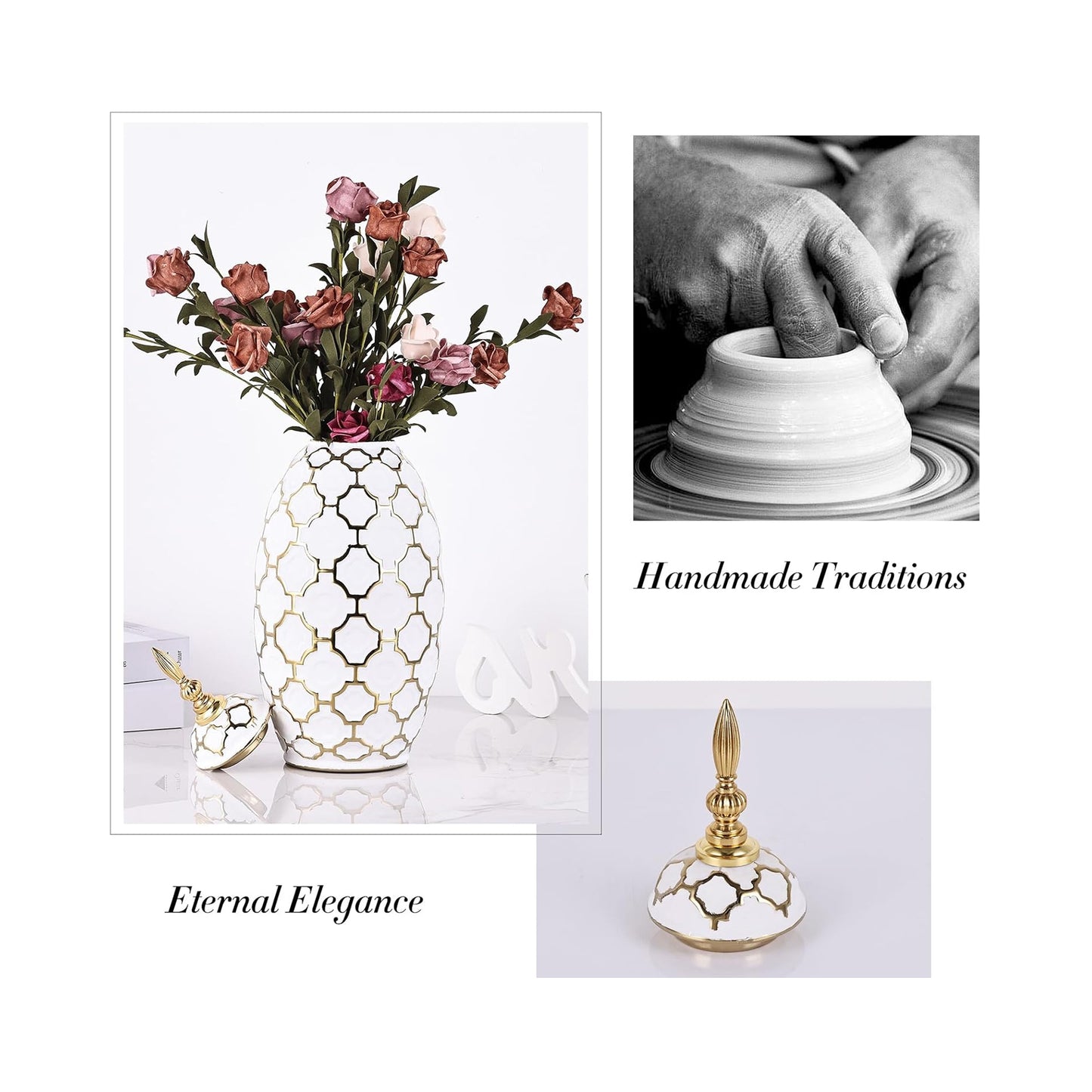 Urban Decor 41cm Ginger Jar with Lid Gold & White