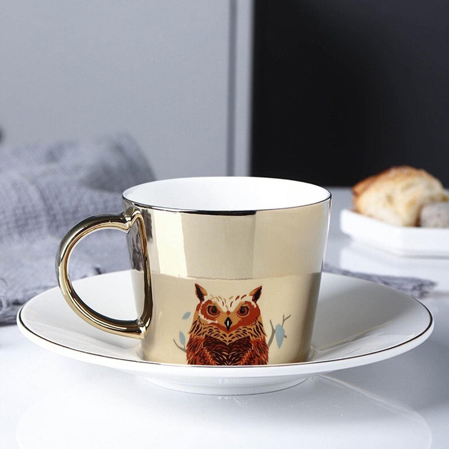 Reflective Owl Design Cup & Saucer Set Gold & White
