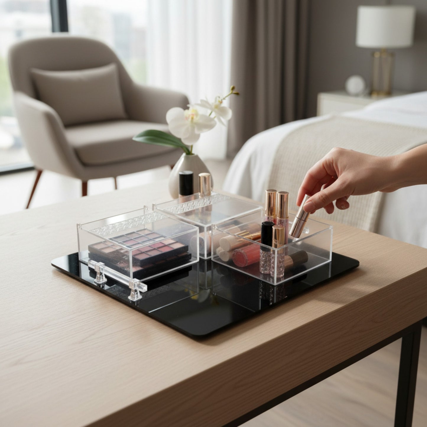 Round Acrylic Serving Tray with 3 Containers Black