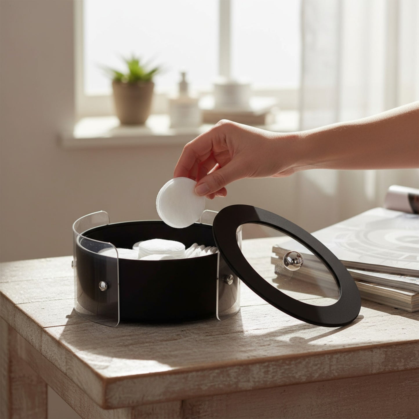 Round Acrylic & Leather Trinket Box Black