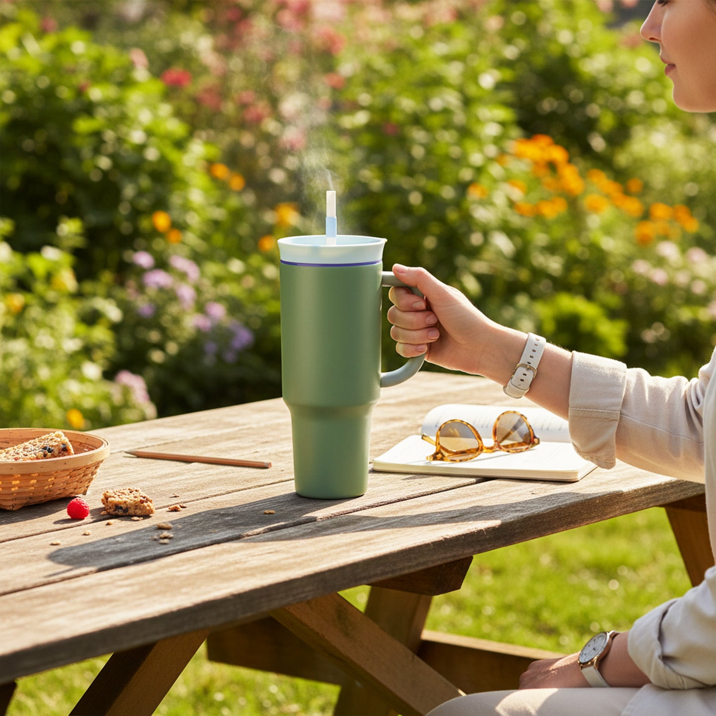 1.2Lt Flask With Handle & Straw Green