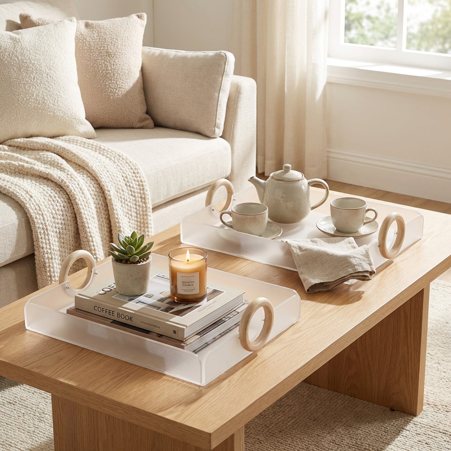 2 Piece Acrylic Tray Set with Wooden Handles Clear