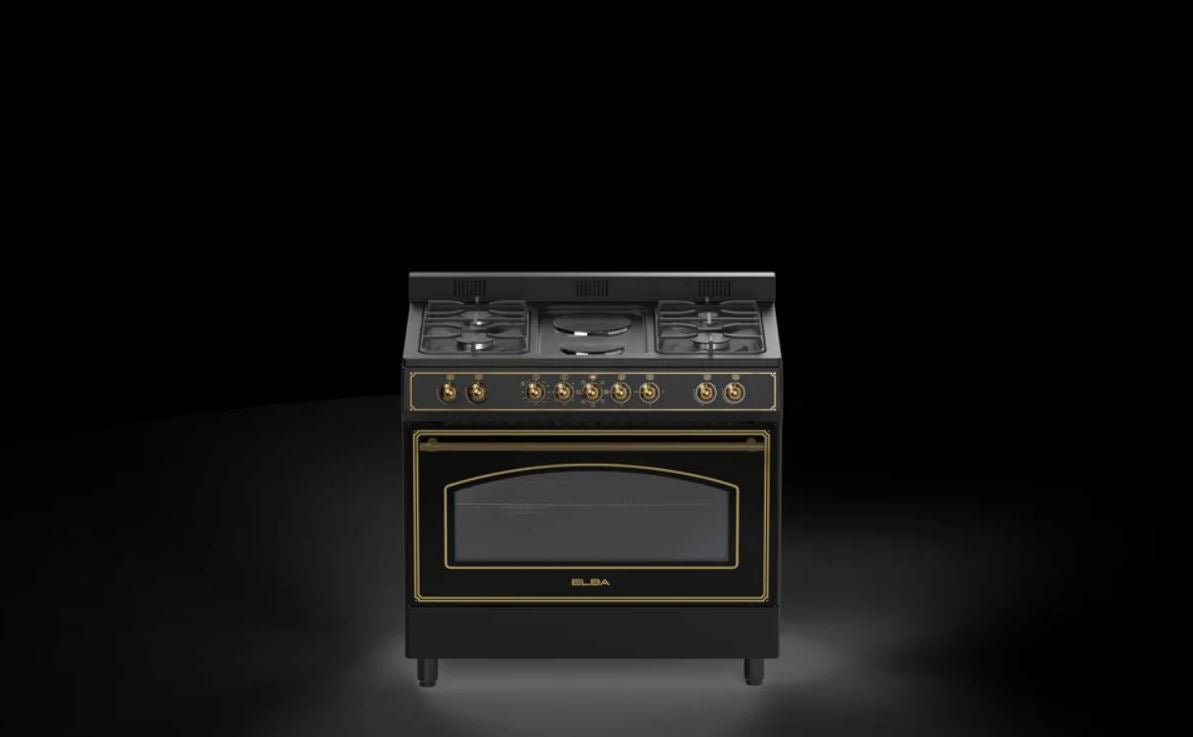 Elba 90cm 4 Gas Burner With 2 Electric Solid Plates & Electric Oven Black 04/9S4EX737KB