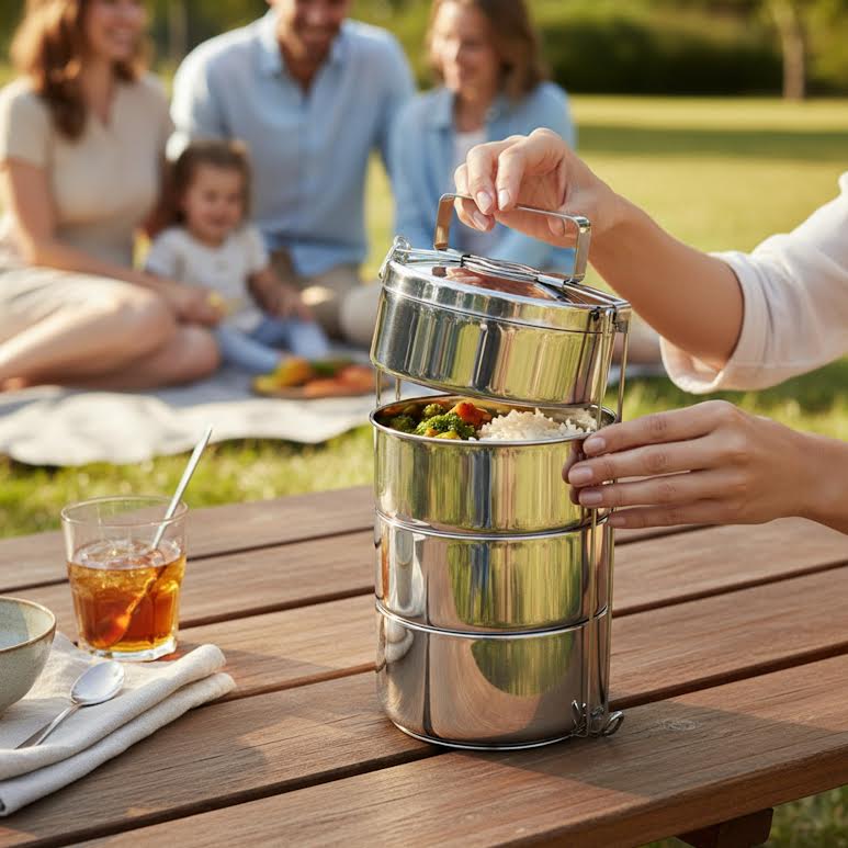 Stackable 4 Tier Double Wall Insulated Thermal Food Carrier Silver