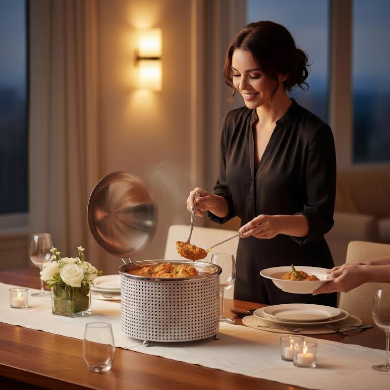 Extra Large Chafing Dish with Mesh Design White & Stainless Steel