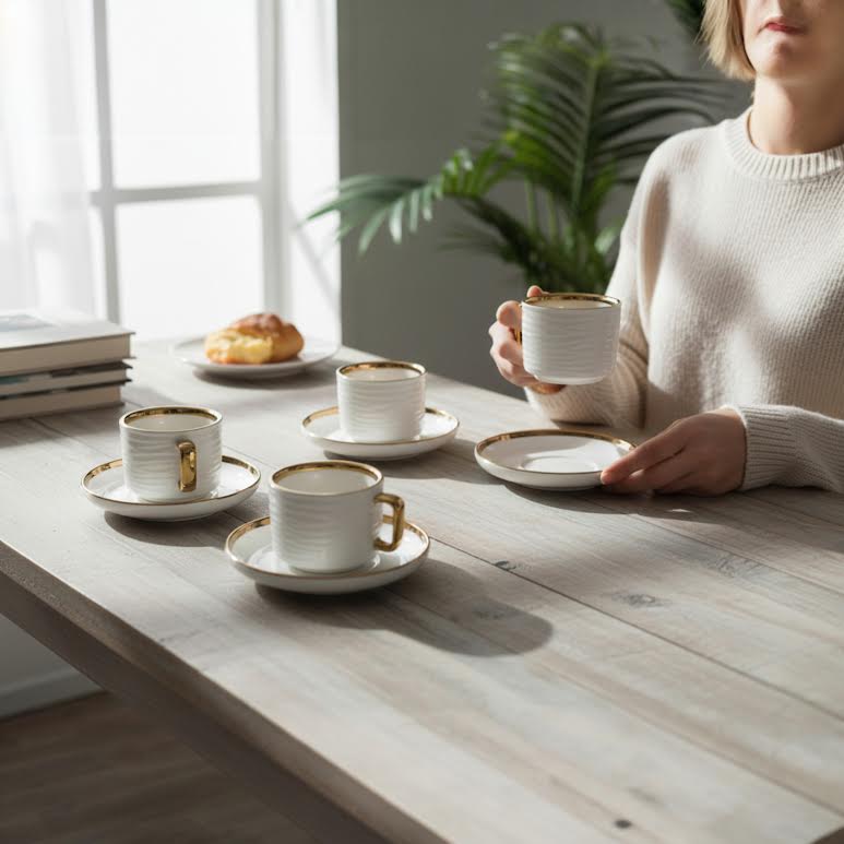 12 Piece Tea Set Gold & White