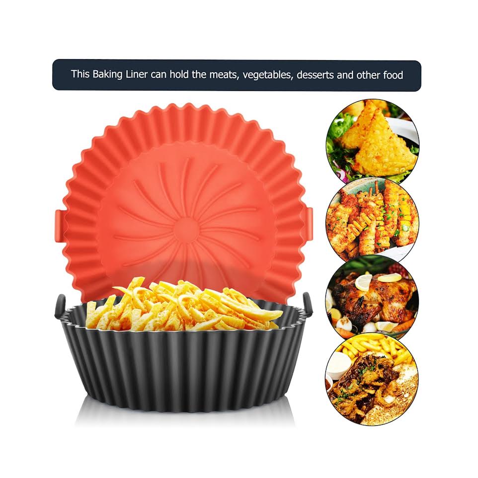 Kitchen Life 2 Piece Silicone Round Air Fryer Liner Set Grey & Red