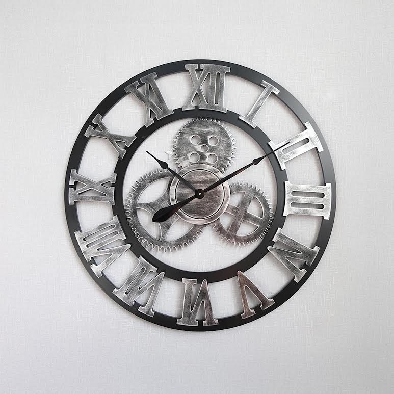 Large Industrial Retro Wall Clock Silver