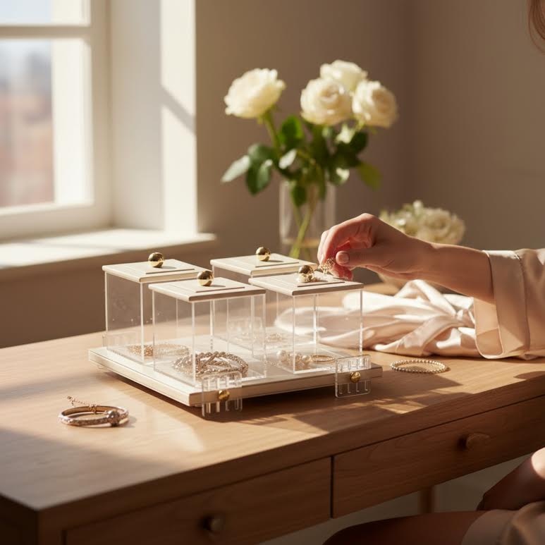 4 Piece Leather Canister Set Cream