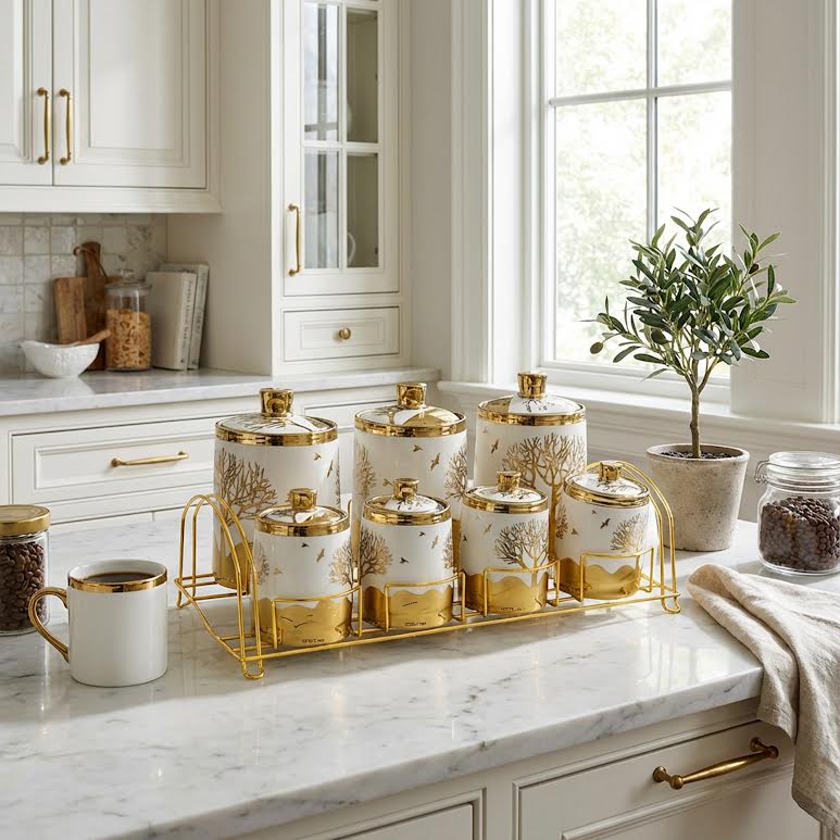 7 Piece Canister Set Gold & White