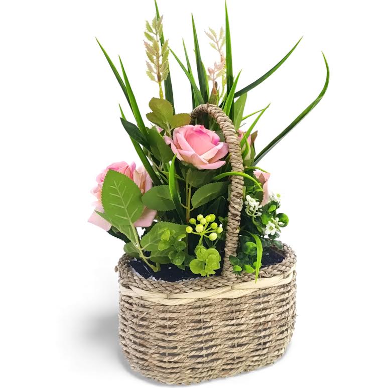 Artificial Rose Plant with Leaves in Basket Light Pink & Green