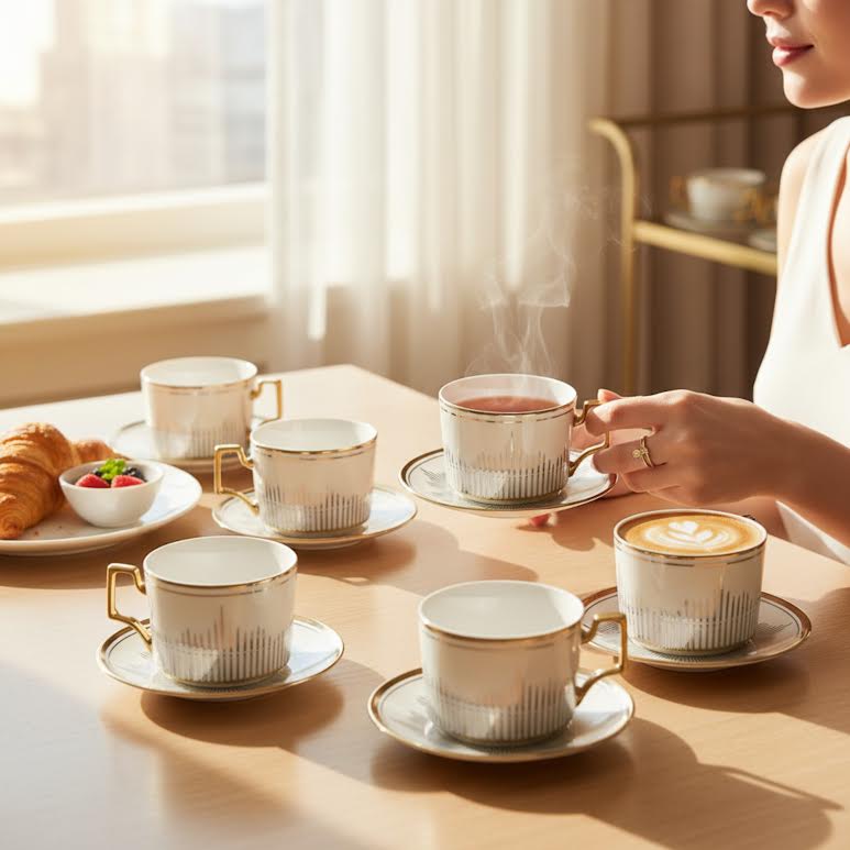 12 Piece Cup & Saucer Set White & Gold