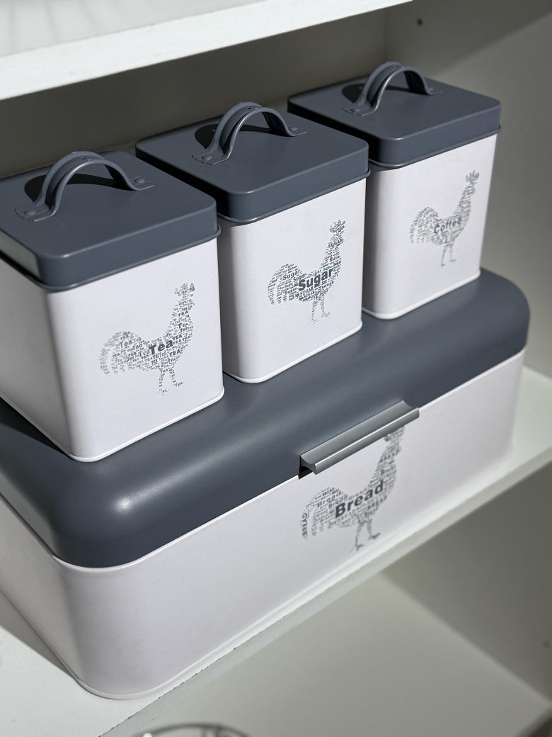 CH 4 Piece Rooster Canister Set Grey & White