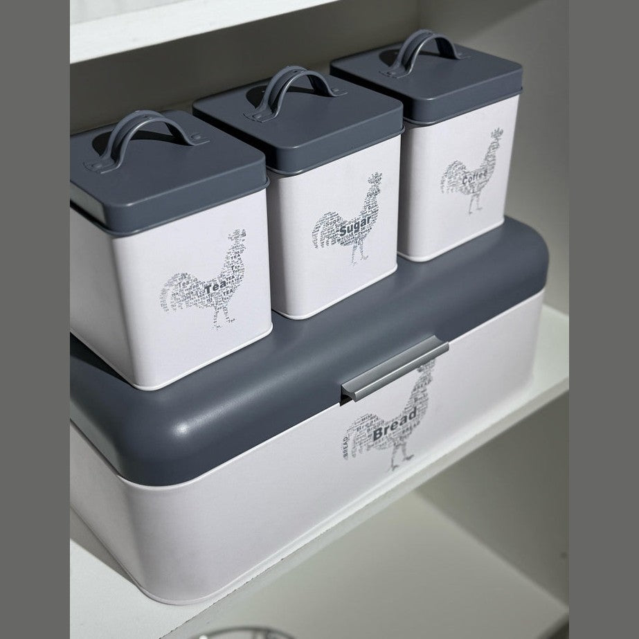 CH 4 Piece Rooster Canister Set Grey & White