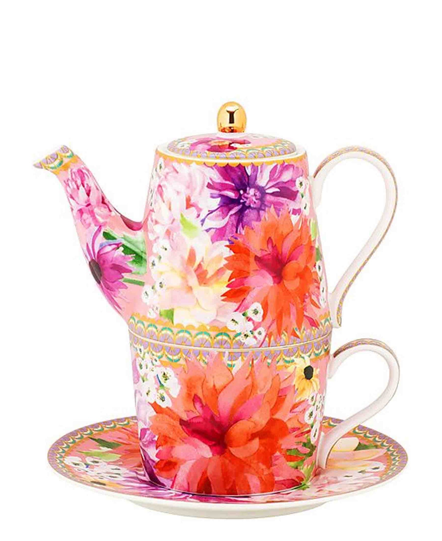 Maxwell & Williams T's & C's Dahlia Daze Tea for One With Infuser 340ML Pink Gift Boxed