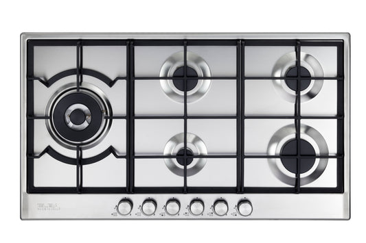 Elba Elio 90cm 5 Burner Gas Hob With Side Wok Burner - Stainless Steel