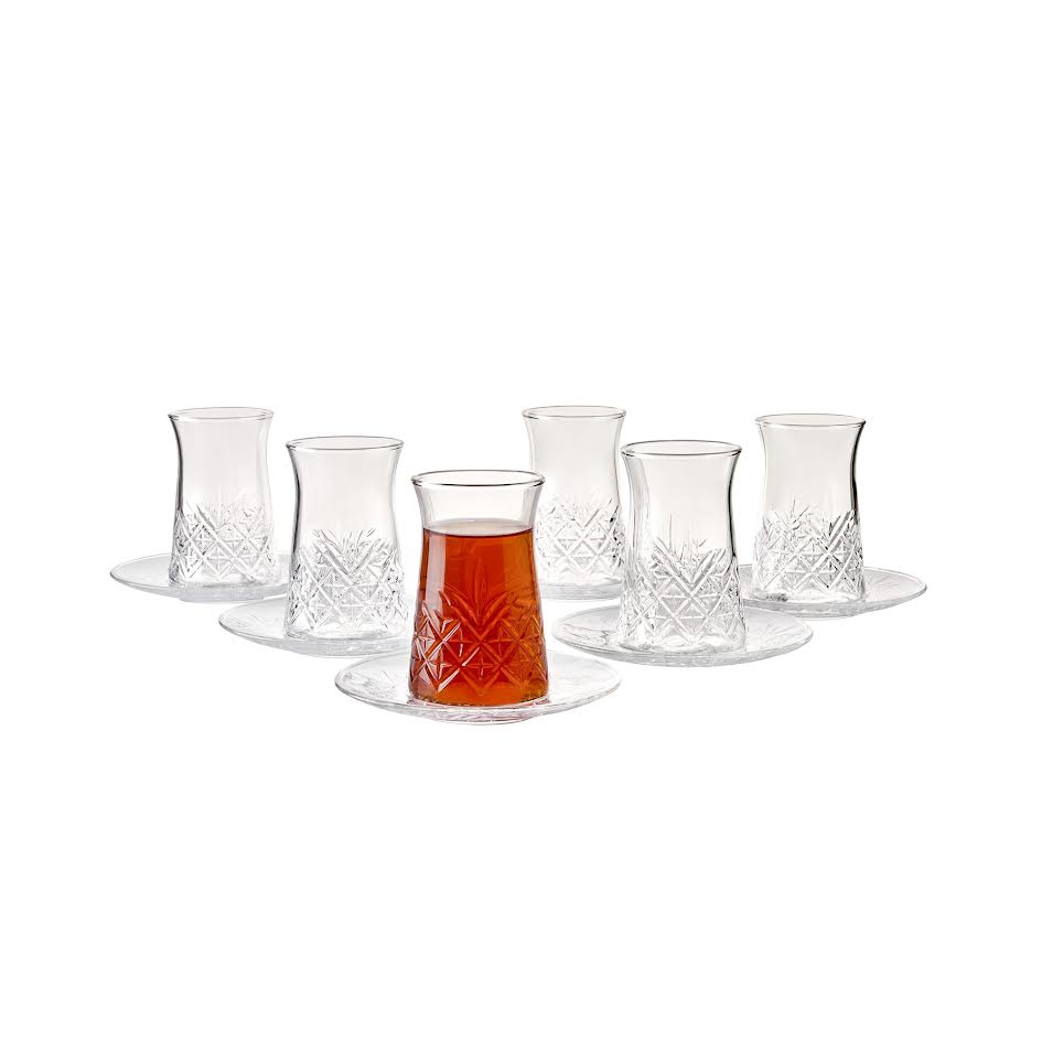 Pasabahce 12 Piece Crystal Turkish Tea Glasses and Saucers