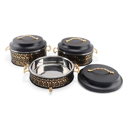 3 Piece Thermos Hot Pot Set Black & Gold Full Metal