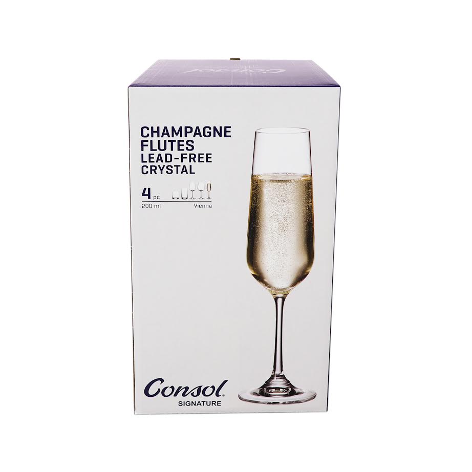 Consol 4 Piece 200ml Signature Vienna Stem Champagne Flute Glass Set Clear