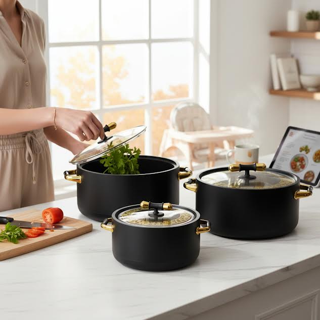 3 Piece Food Warmer Set Black & Gold