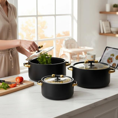 3 Piece Food Warmer Set Black & Gold