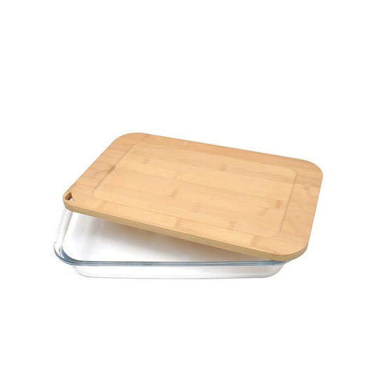 Aqua 1Lt Rectangular Baking Tray with Bamboo Lid Clear